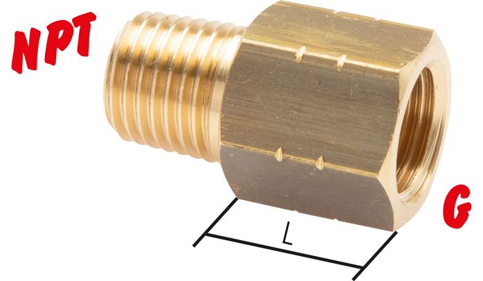 Exemplarische Darstellung: Reduziernippel mit NPT-Gewinde / G-Gewinde, Messing